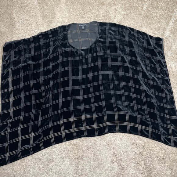 Eileen Fisher Top Womens One Size Black Velvet Plaid Burnout Poncho Shawl Drape - Picture 1 of 6